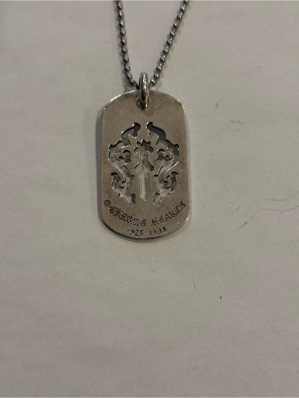 Chrome Hearts Vine Dagger Cutout Dog Tag Pendant Silver Ball Chain Necklace